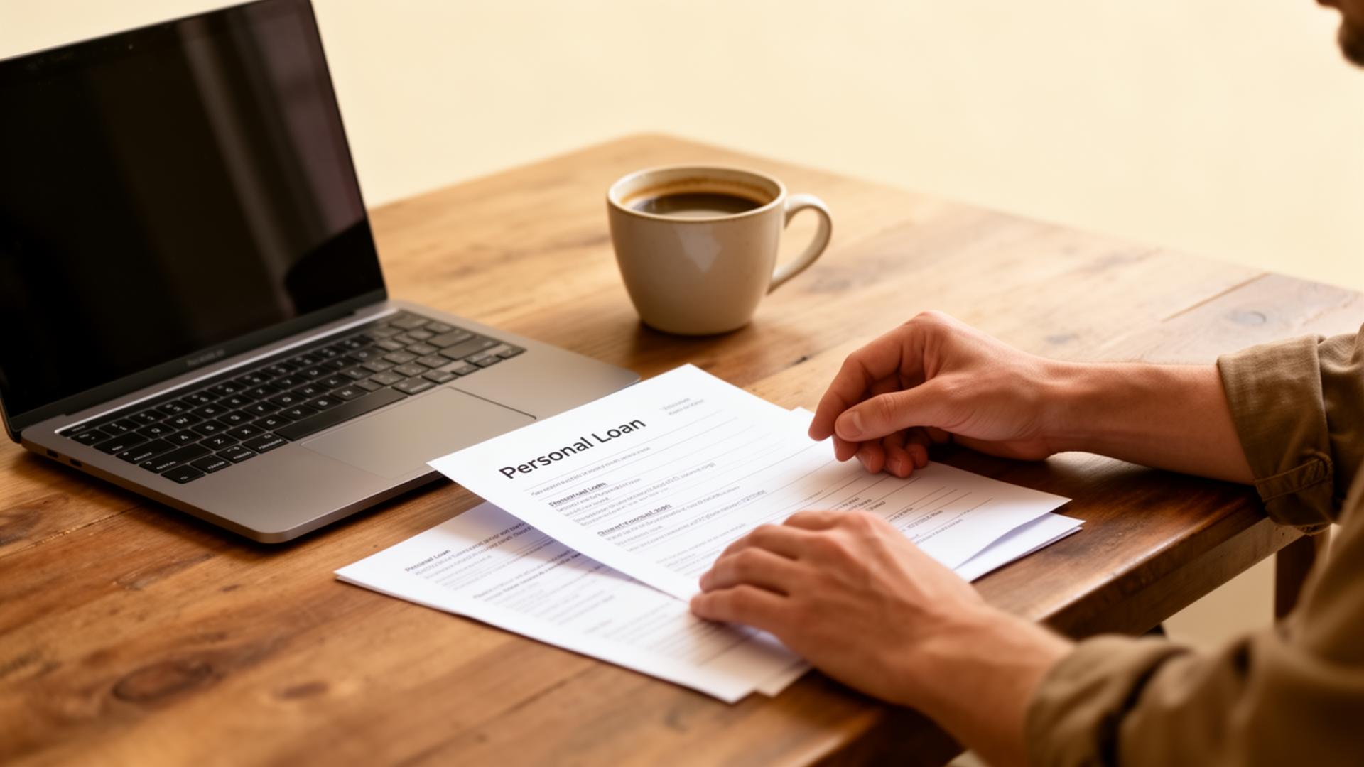 A person reviewing personal loan paperwork at a wooden desk beside an open laptop and coffee.