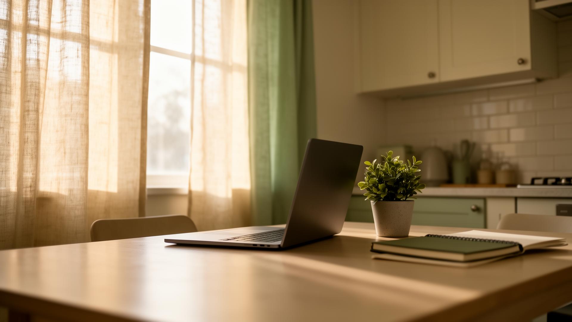 A quiet kitchen workspace with an open laptop, plant, and notebook in soft morning light.